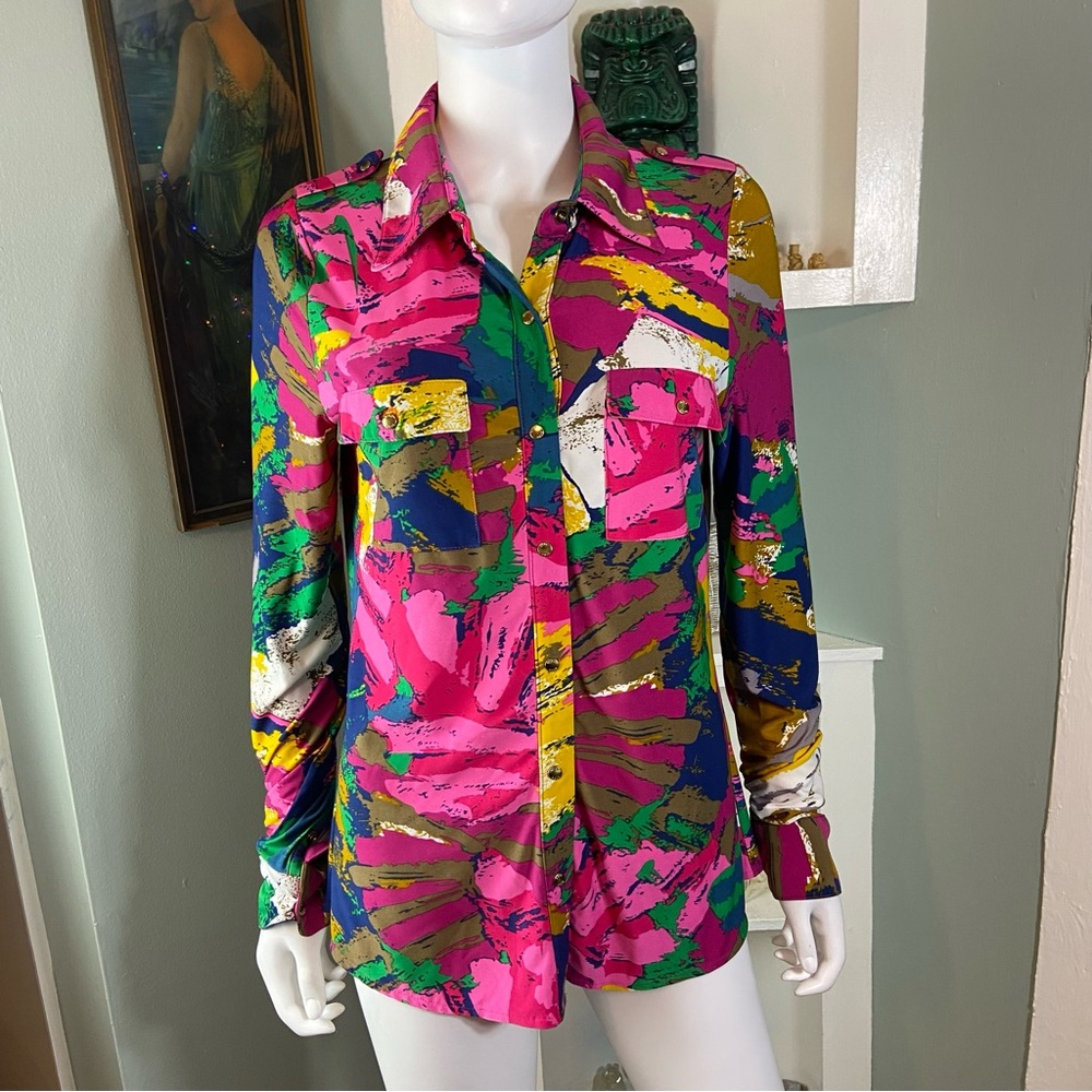BCBG Max Azria Urban Explosion Bright Abstract Painting Button Down Shirt M